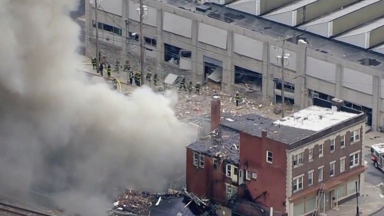 In this screen grab from video provided by WPVI-TV/6ABC, smoke rises from an explosion at the R.M. Palmer Co. plant in West Reading, Pa., Friday, March 24, 2023. (WPVI-TV/6ABC via AP)
