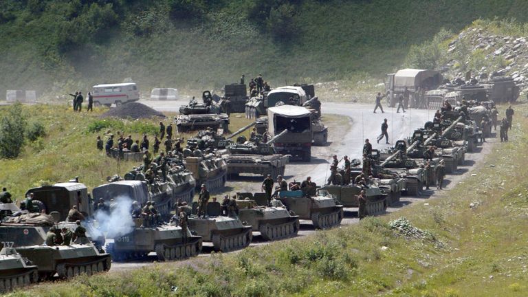 A column of Russian armoured vehicles seen on their way to the South Ossetian capital Tskhinvali in August 2008