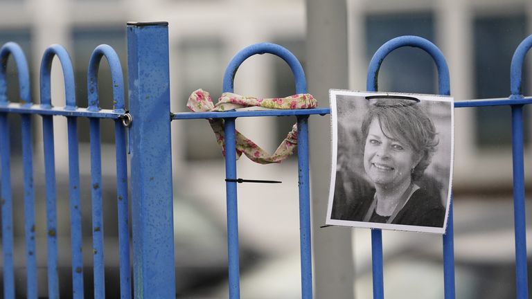 A photograph of Ruth Perry attached to the fence outside John Rankin Schools in Newbury, Berkshire, where headteacher Flora Cooper is planning to refuse entry to Ofsted inspectors following the death of Ms Perry, who was head at nearby Caversham Primary School in Reading. Ruth killed herself in January while waiting for an Ofsted report which gave her school the lowest possible rating, her family said. Picture date: Tuesday March 21, 2023.