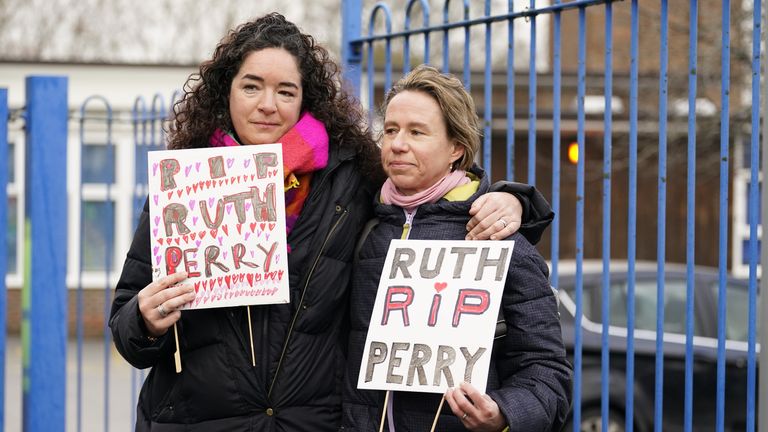 Ellen (left) and Liz (surnames not given) outside the gates to John Rankin Schools in Newbury, Berkshire, where headteacher Flora Cooper is planning to refuse entry to Ofsted inspectors following the death of the leader of a nearby school, Ruth Perry. Ms Perry, who was head at Caversham Primary School in Reading, killed herself in January while waiting for an Ofsted report which gave her school the lowest possible rating, her family said. Picture date: Tuesday March 21, 2023.