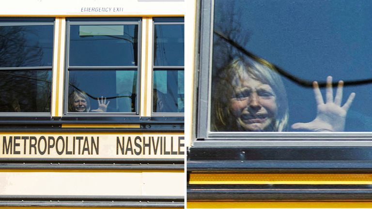 A child cries on the bus leaving the Covenant School, following a mass shooting