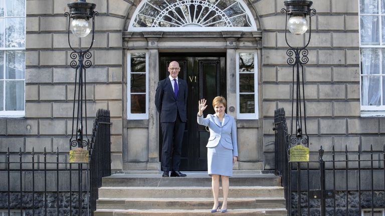 First Minister Nicola Sturgeon and Deputy First Minister John Swinney outside Bute House, Edinburgh. Picture date: Tuesday May 18, 2021.