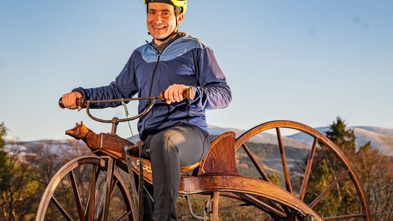 Bikepacking expert Markus Stitz gets ready to set off on a reproduction of the first pedal-driven bicycle - Kirkpatrick Macmillan&#39;s velocipede. Pic: SSDA/Phil Wilkinson