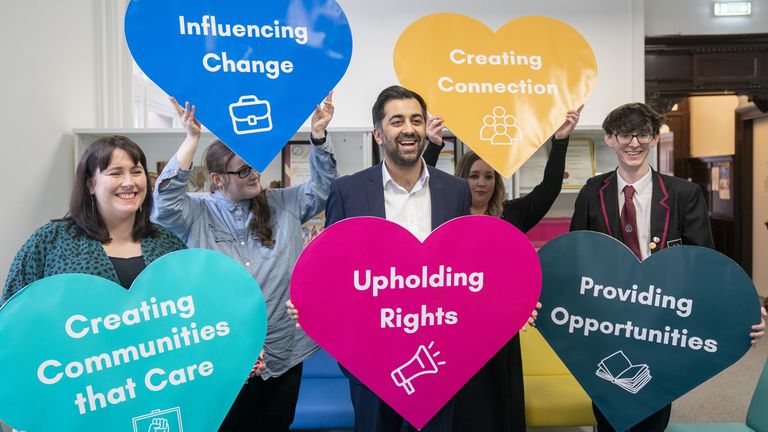 Scottish National Party leadership candidate Humza Yousaf meets volunteers and care experience members during a visit to Who Cares? Scotland, in Glasgow, while on the election campaign trail. Picture date: Monday March 20, 2023.