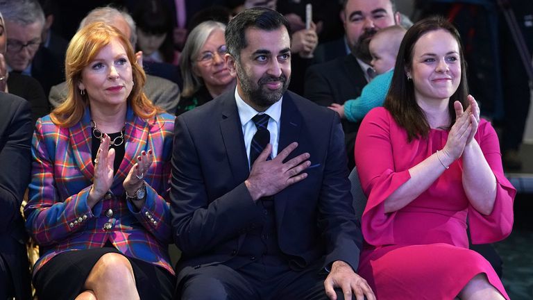 (left to right) Ash Regan, Humza Yousaf and Kate Forbes at Murrayfield Stadium in Edinburgh, after it was announced Humza Yousaf is the new Scottish National Party leader, and will become the next First Minister of Scotland. Picture date: Monday March 27, 2023.