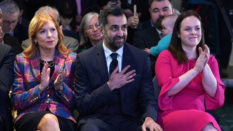 (left to right) Ash Regan, Humza Yousaf and Kate Forbes at Murrayfield Stadium in Edinburgh, after it was announced Humza Yousaf is the new Scottish National Party leader, and will become the next First Minister of Scotland. Picture date: Monday March 27, 2023.