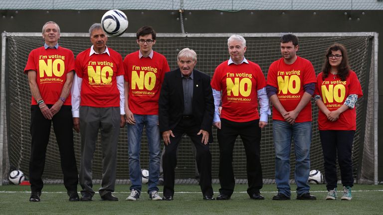 Former Scottish footballerS back NO vote Cletic's Lisbon Lion Bertie Auld and campaigners at Football World in Glasgow.Photo David Cheskin 6th September 2014