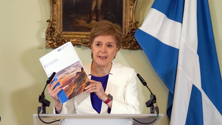 First Minister Nicola Sturgeon speaks at a press conference at Bute House in Edinburgh to launch a second independence paper. Picture date: Thursday July 14, 2022. The paper is titled Renewing Democracy Through Independence and will set out the Scottish Government&#39;s view that people living in Scotland have the right to choose how they will be governed.