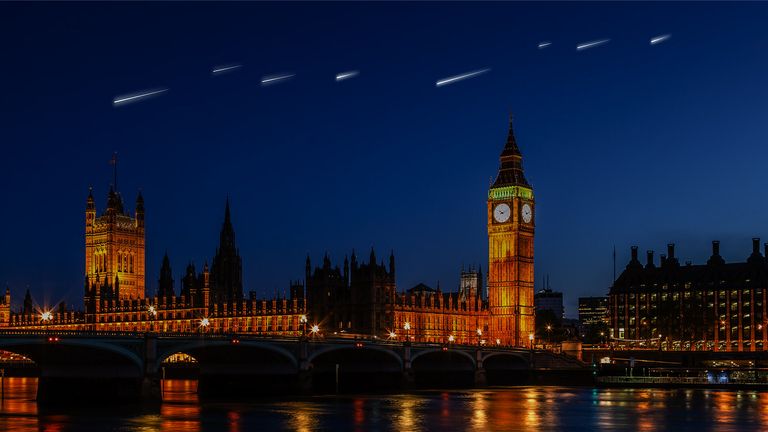 Sky Canvas - An artists impression of artificial shooting stars falling above Big Ben and the Houses of Parliament.