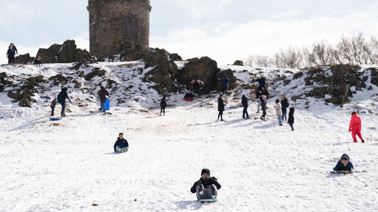 People sledging in the snow at Bradgate Park in Leicestershire Picture date: Friday March 10, 2023.

