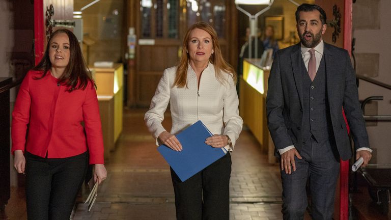 SNP leadership candidates (from left)Kate Forbes, Ash Regan and Humza Yousaf arrive ahead of taking part in an SNP leadership debate, at Mansfield Traquair in Edinburgh. Picture date: Tuesday March 14, 2023.