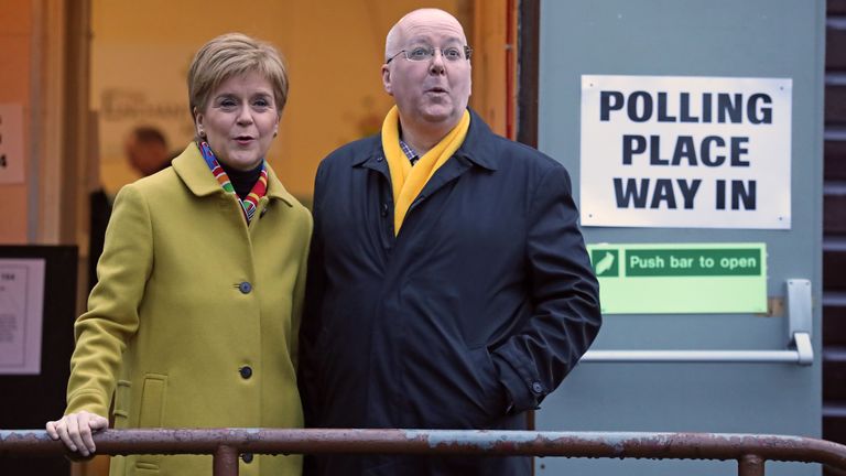 SNP leader Nicola Sturgeon with husband Peter Murrell during the 2019 general election vote at Broomhouse Park Community Hall in Glasgow.