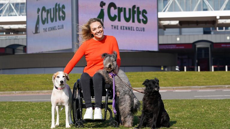 Television presenter Sophie Morgan alongside a Hungarian Pumi, a Smooth Faced Pyrenean Sheepdog, and a Harrier at a photo call to launch this year&#39;s Crufts at The NEC, Birmingham. Picture date: Tuesday March 8, 2022.