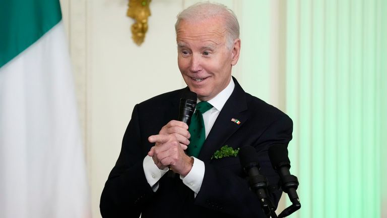 President Joe Biden speaks at the St. John's Conference. Patrick's Day Reception on Friday, March 17, 2023 in the East Room of the White House in Washington.  (AP Photo/Alex Brandon)