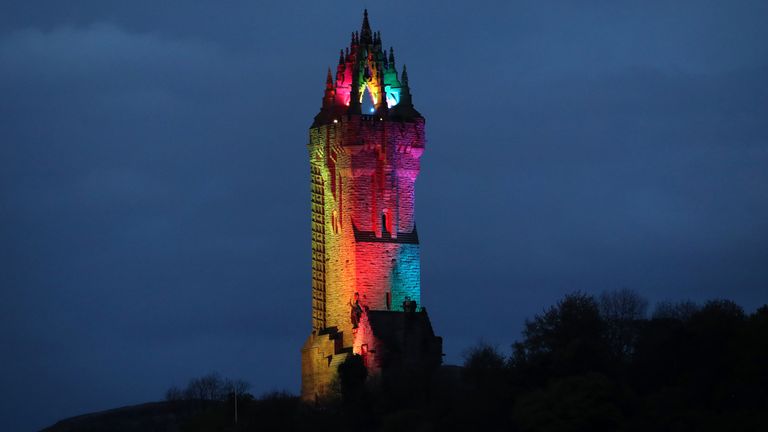 The National Wallace Monument near Stirling illuminated in the colours of the rainbow in support of key workers as the UK continues in lockdown to help curb the spread of the coronavirus.