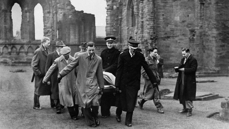 The Stone of Scone - the Scottish Stone of Destiny - missing from Westminster Abbey since Christmas Day, 1950 - being removed from Abroath Abbey, Forfarshire, Scotland after being handed to the Custodian of the Abbey James Wiseheart by Scottish Nationalists.
Read less
Picture by: PA/PA Archive/PA Images
Date taken: 11-Apr-1951