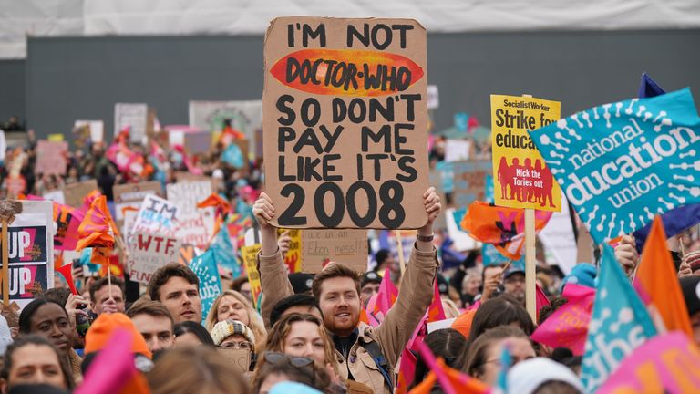 Protesters during a strike rally in Trafalgar Square, central London. Picture date: Wednesday March 15, 2023.