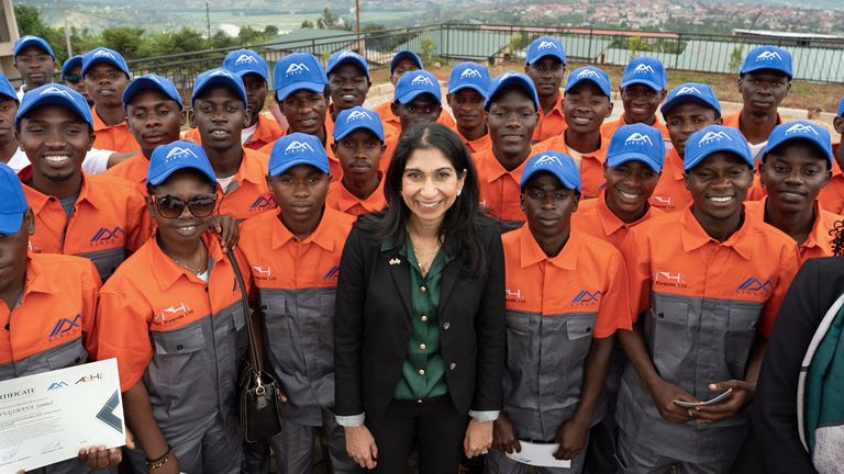 The home secretary tours a new construction training academy in Kigali during her visit to Rwanda