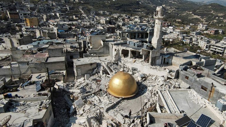 A damaged mosque is seen in the aftermath of a deadly earthquake, in rebel-held al-Maland village, in Idlib province, Syria