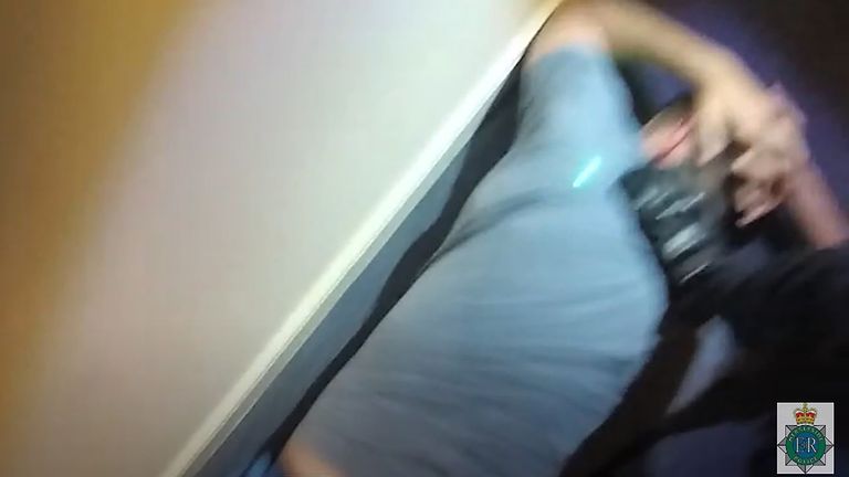 Screen grab from body cam footage issued by Merseyside Police of Thomas Cashman being arrested in Runcorn, which was shown to the jury in the trial of Cashman who has been found XXXXX of murdering nine-year-old Olivia Pratt-Korbel and injuring her mother, Cheryl Korbel, 46, at their family home in Dovecot, Liverpool. Issue date: Thursday March 30, 2023.