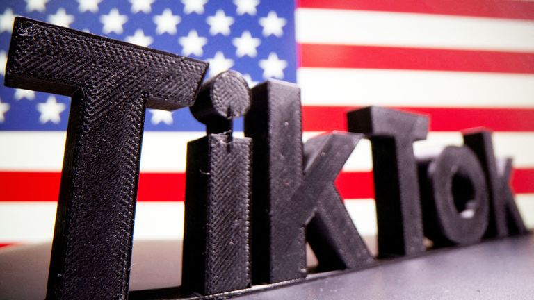 A 3D printed TikTok logo is seen in front of the American flag