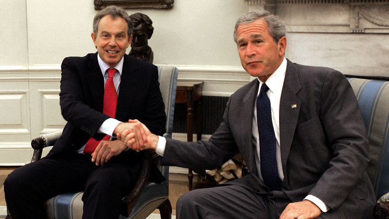 U.S. President George W. Bush (R) shakes hands with British Prime Minister Tony Blair in the Oval Office of the White House June 7, 2005. The two leaders, both faced with skepticism at home over their handling of the Iraq war, met for their first talks since Blair emerged from elections a month ago with a third term but weakened politically. REUTERS/Kevin Lamarque