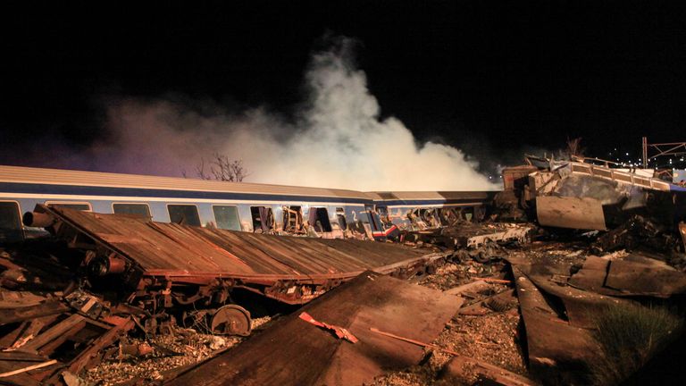 The site of a crash, where two trains collided, is seen near the city of Larissa, Greece, March 1, 2023