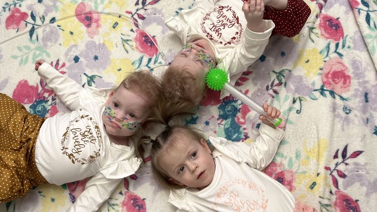 Premature triplets Porscha-Mae (right), Payton-Jane (left) and Rubi-Rose Hopkins