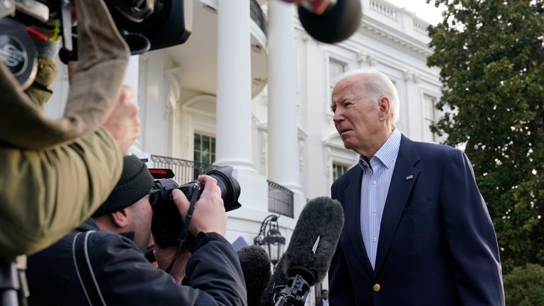 President Joe Biden talks to reporters on the South Lawn of the White House in Washington, Friday, March 31, 2023, before boarding Marine One. Biden is traveling to Mississippi to survey damage from recent tornadoes.  (AP Photo/Susan Walsh)