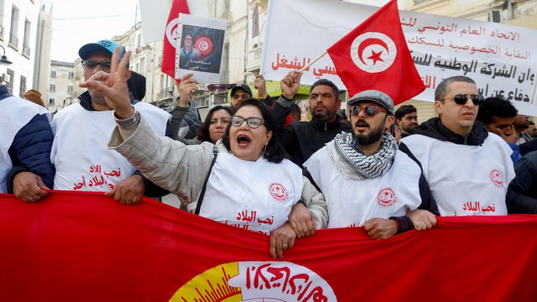 Supporters of the Tunisian General Labour Union (UGTT) protest against President Kais Saied, accusing him of trying to stifle basic freedoms, including union rights, in Tunis, Tunisia March 4, 2023. REUTERS/Zoubeir Souissi