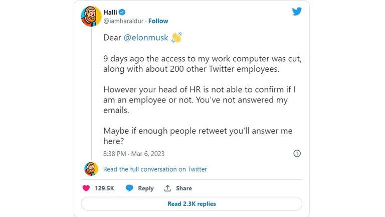 Screenshot of Twitter spat between Elon Musk and Twitter employee Haraldur Thorleifsson Pic: Twitter