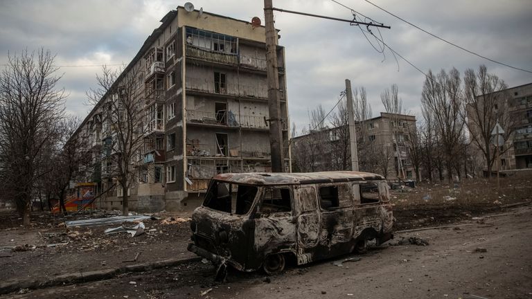 Empty street and buildings damaged by a Russian military strike in Bakhmut