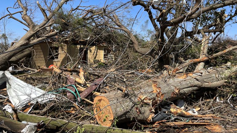 Trees lie on a house in Rolling Fork, Missippi a day after the tornado caused widespread damage in the town. Pic: AP