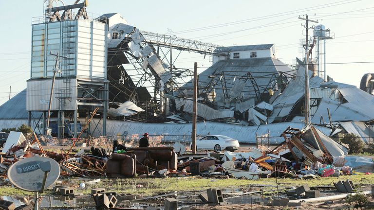 The damaged site of Enviva Pellets, a maker of sustainable wod pellets, in Amory, Mississippi. Pic: AP