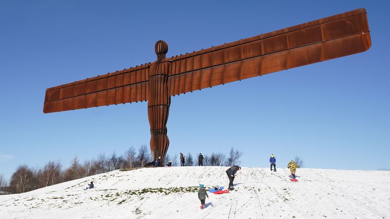 Antony Gormley&#39;s Angel of the North sculpture in the snow, at Gateshead, Tyne and Wear. Picture date: Friday March 10, 2023.