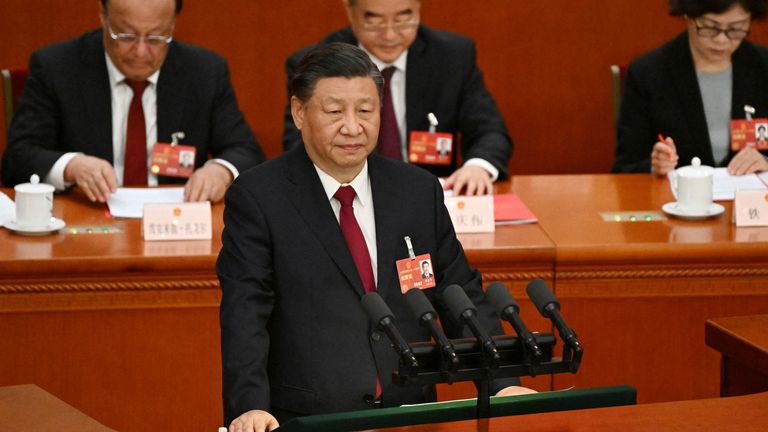 President Xi Jinping speaks during the closing session of the National People's Congress (NPC) at the Great Hall of the People in Beijing