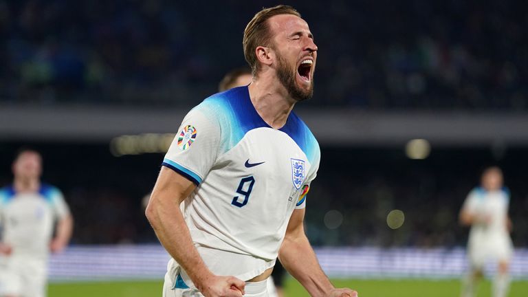 Harry Kane celebrates after scoring from the penalty spot to put England 2-0 up vs Italy, becoming England&#39;s record goalscorer in the process