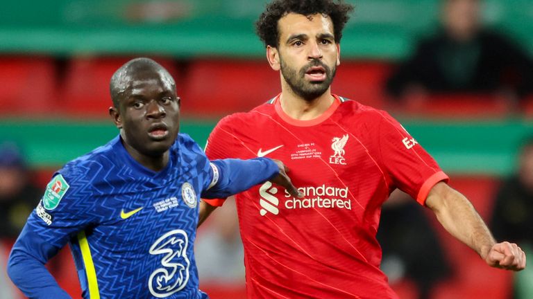 Ngolo Kante of Chelsea and Mohamed Salah of Liverpool during the Carabao Cup Final match between Chelsea and Liverpool at Wembley Stadium