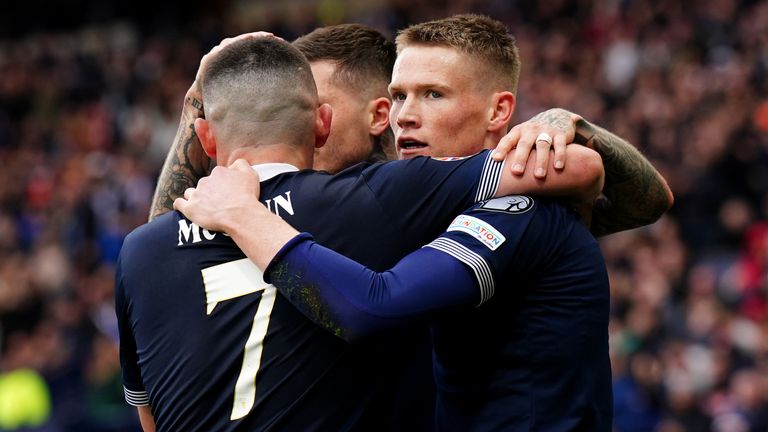 Scott McTominay celebrates with team-mates after making it 2-0