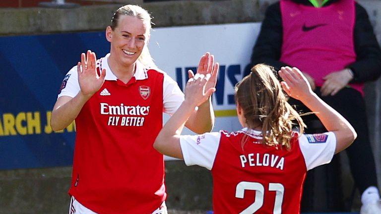 Stina Blackstenius celebrates her early goal with team-mate Victoria Pelova