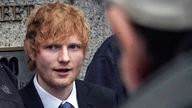 Ed Sheeran leaves federal court, Thursday, April 27, 2023, in New York. In a packed New York courtroom, a cheerful Ed Sheeran picked up his guitar Thursday and launched into a few bars of a tune that has him locked in a copyright dispute over Marvin Gaye&#39;s soul classic ...Let&#39;s Get it On" . (AP Photo/Bebeto Matthews)