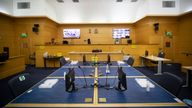 Socially distanced desk areas in Court 3 for jury members, which includes a camera and screen which links through to Court 1 where the actual trial will take place, at the High Court in Edinburgh as Scotland prepares for the lifting of further coronavirus lockdown restrictions.