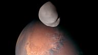 A &#39;calibrated&#39; composite  image of Mars’ moon Deimos from  The Emirates Mars Mission (EMM), the first interplanetary exploration undertaken by an Arab nation, following a fly-by on March 10 2023.

