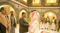 A photo said to show Houthi leader Mohammed Ali al-Houthi shaking hands with Saudi ambassador to Yemen, Mohammed al-Jabir, in Yemeni capital Sanaa