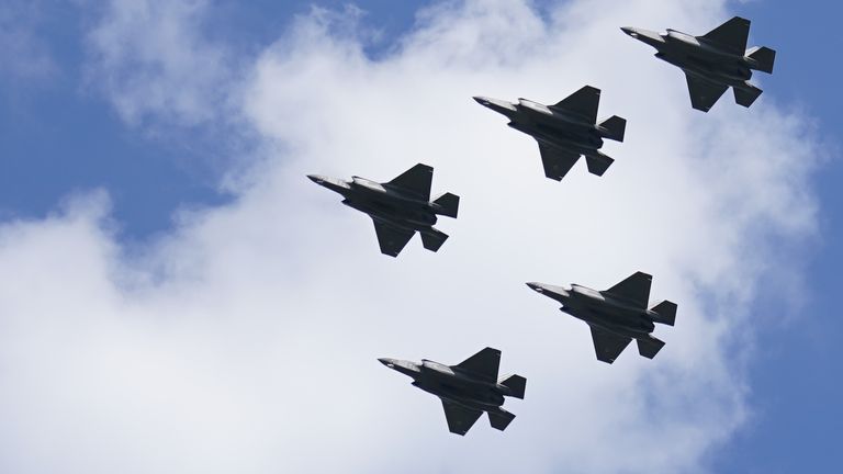 F-35B Lightning II jets during a rehearsal for the official coronation flypast, at RAF College Cranwell, Sleaford, Lincolnshire. The official flypast will be flown over Buckingham Palace following the coronation of King Charles III on May 6. Picture date: Tuesday April 25, 2023.