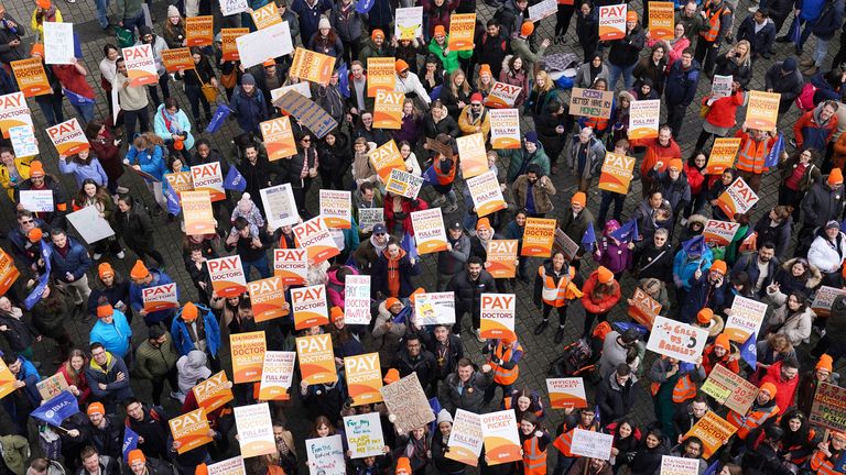 NHS junior doctors take part in a march and rally in the centre of Birmingham, on the final day of the British Medical Association&#39;s 96-hour walkout in a dispute over pay. Picture date: Friday April 14, 2023.