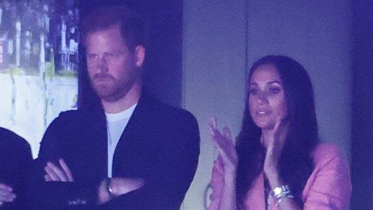 Prince Harry and Meghan Markle attend an NBA basketball playoffs round one game 4 between the Los Angeles Lakers and the Memphis Grizzlies Monday, April 24, 2023, in Los Angeles. (Ringo Chiu via AP)