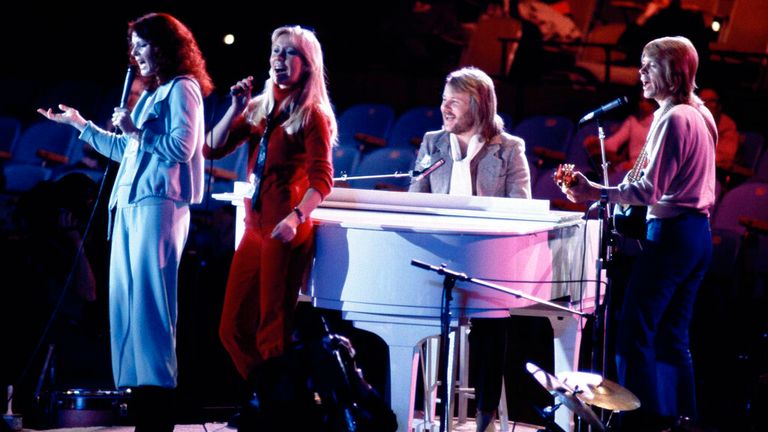 Abba performing at United Nations General Assembly, Tuesday evening, January 9, 1979 in New York, during taping of NBC-TV Special, "The Music for UNICEF concert."  (AP Photo/Ron Frehm)