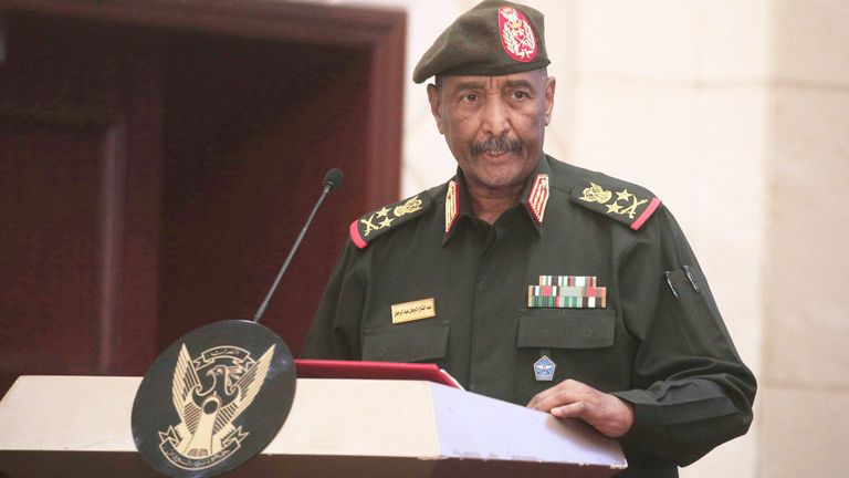 FILE - Sudan&#39;s Army chief Gen. Abdel-Fattah Burhan speaks following the signature of an initial deal aimed at ending a deep crisis caused by last year&#39;s military coup, in Khartoum, Sudan, Dec. 5, 2022.
Pic:AP