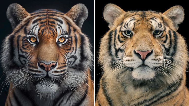 An AI generated image (left) and a photograph of tiger by Tim Flach